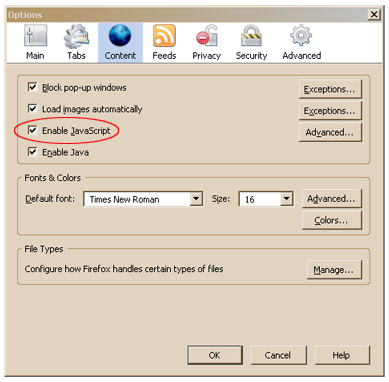 Example of how to enable JavaScript in FireFox 2