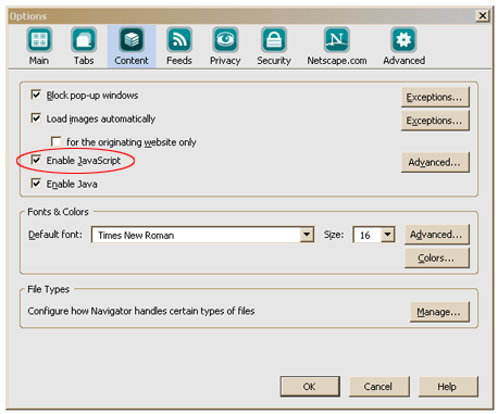 Example of how to enable JavaScript in Netscape