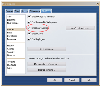 Example of how to enable JavaScript in Opera