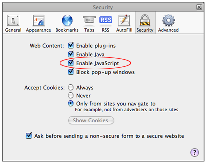 Example of how to enable JavaScript in Safari